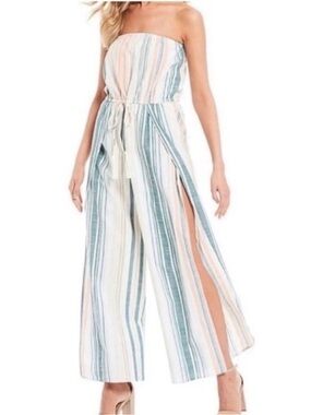 Chelsea & Violet Strapless Wide-Leg Striped Jumpsuit in Pastel Blue and Peach